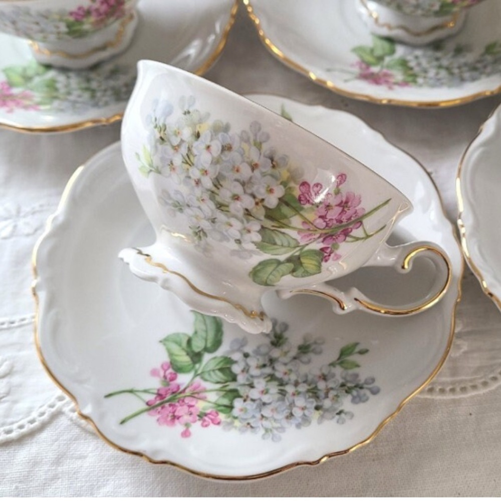 Mitterteich Lilac Floral Bone China Tea Cup and Saucer Set of 3 Germany